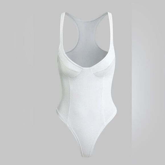 MICAS Basic Solid Deep-V Neck Bustier Bodysuit White Small NWT IN PKG - Picture 3 of 9